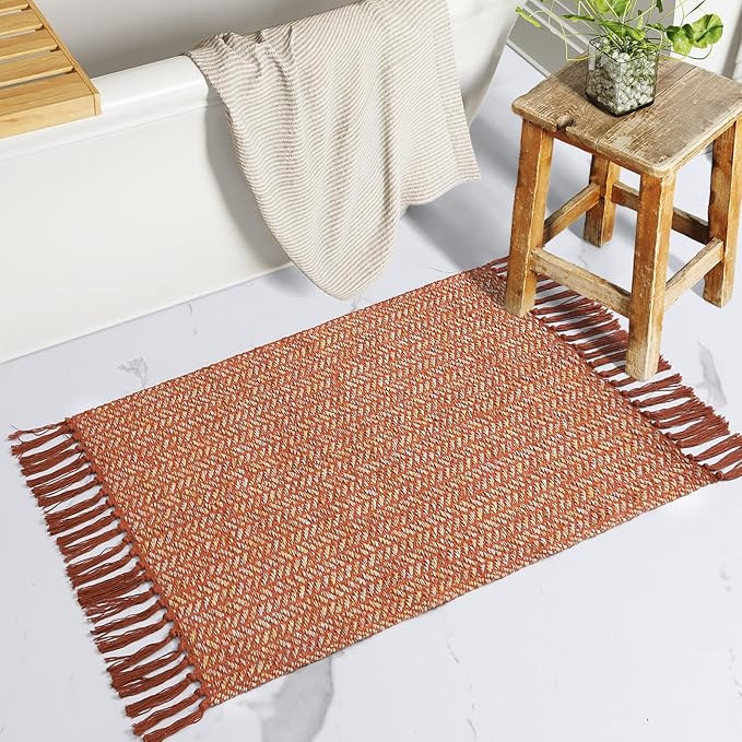 Lahome Belle Boho Fall Kitchen Rug, 2x3 Bathroom Rug Lightweight Indoor Door Mats for Entryway Small Cotton Area Rug with Tassels, Farmhouse Washable Throw Rugs Low Pile Carpet for Bedroom