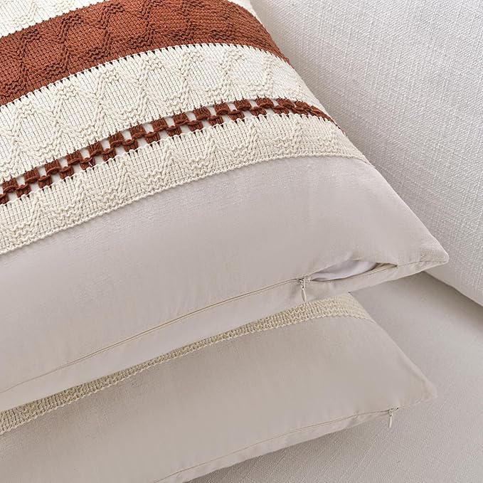 Fancy Homi Set of 2 Rust Boho Long Lumbar Decorative Throw Pillow Cover 12x24 Inch for Couch Bed Sofa, Aesthetic Modern Organic Fall Room Decor, Soft Cotton Cute Terracotta Farmhouse Cushion Case