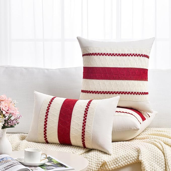 Fancy Homi Set of 2 Boho Red Decorative Throw Pillow Cover 20x20 Inch for Couch Bed Sofa, Aesthetic Modern Organic Farmhouse Home Decor, Soft Cotton Cute Accent Macrame Woven Cushion Case