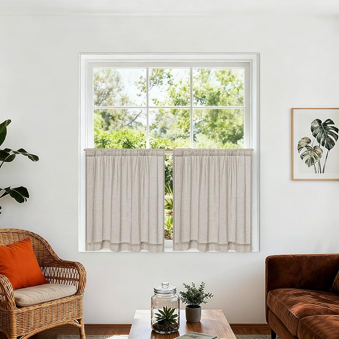 2 Panel Short Window Curtains for Bathroom 24 Inch Long Dark Taupe Country Rustic Curtains for Cafe RV Camper Windows Treatment Light Filtering Rod Pocket Small Drapes, Linen W50xL24