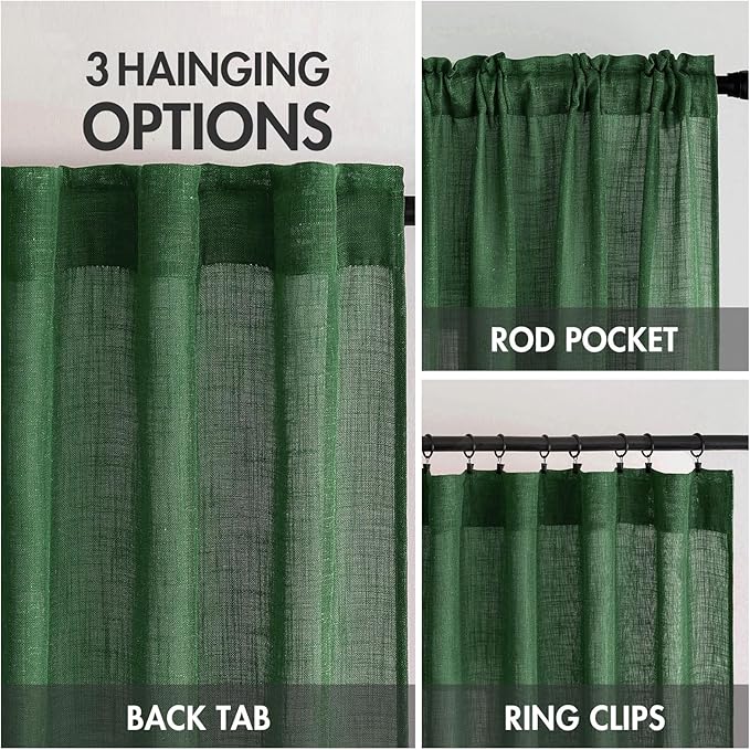 MIULEE Emerald Green Linen Curtains 84 Inch Length for Bedroom Living Room, Soft Thick Linen Textured Window Drapes Semi Sheer Light Filtering Back Tab Rod Pocket Burlap Look Christmas Decor, 2 Panels