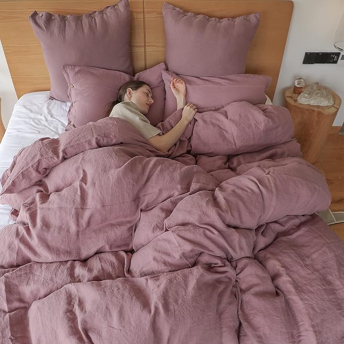 Simple&Opulence 100% Linen Duvet Cover Set 3pcs with Coconut Button Closure Natural French Washed Flax Solid Color Soft Breathable Farmhouse Bedding - Purple, Queen Size