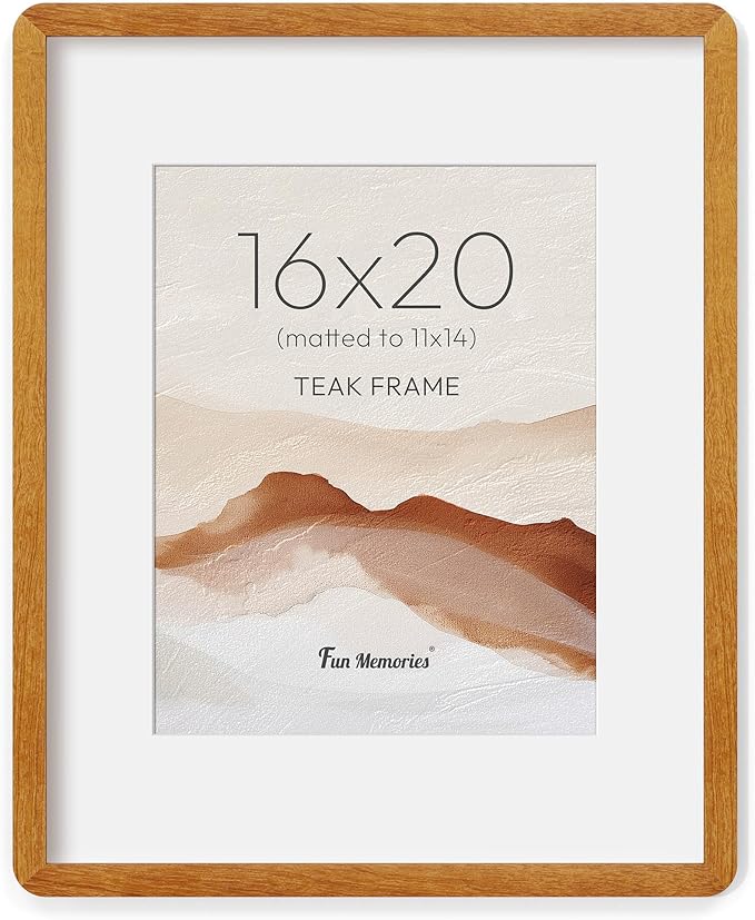 Fun Memories 16x20 Picture Frame - Solid Teak Wood Poster Frame, Handcrafted Rounded Corner 16 x 20 Wooden Frames Matted to 11x14 Photos, Horizontal or Vertical Wall Mounting, Natural Teak