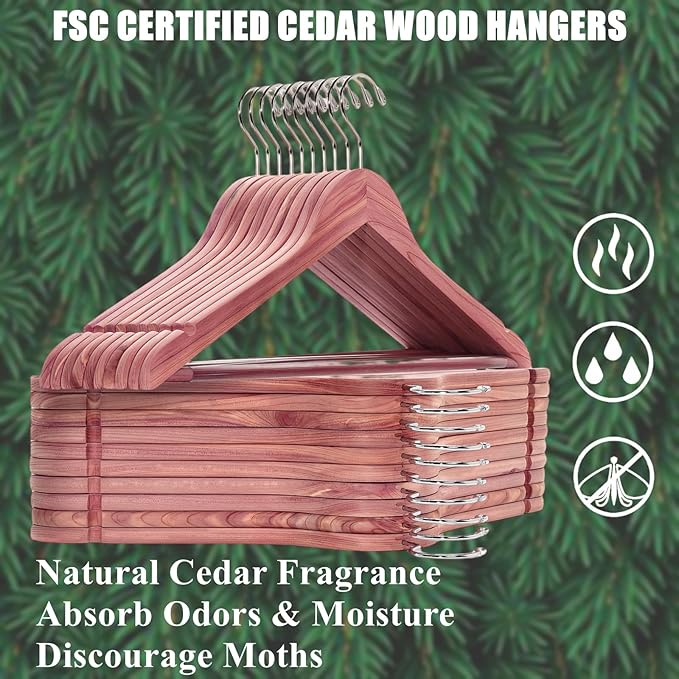 Amber Home 16 Pack Cedar Coat Hangers, Wooden Suit Hangers with Non-Slip Pant Bar, Cedar Hangers for Closet Organization, Shirts, Jackets, Dresses, and Pants