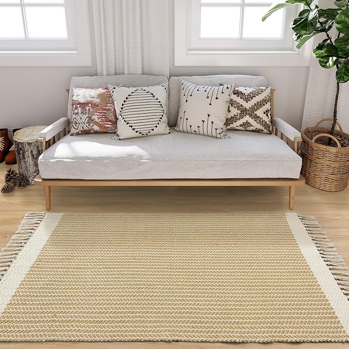 Lahome Belle Boho Rugs for Bedroom, 3x5 Bathroom Rug Lightweight Farmhouse Woven Area Rug with Tassels, Throw Rugs Washable Kitchen Rug Non Shedding Indoor Door Mats for Entryway Living Room, Khaki
