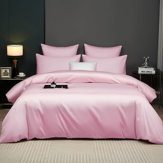 Blush Pink Cotton Duvet Cover Set Twin 100% Long-Staple Cotton Sateen Bedding Set, Soft Breathable Smooth Organic Pure Cotton Plain Comforter Cover, Luxury Minimalist Bedroom Decor for All Season