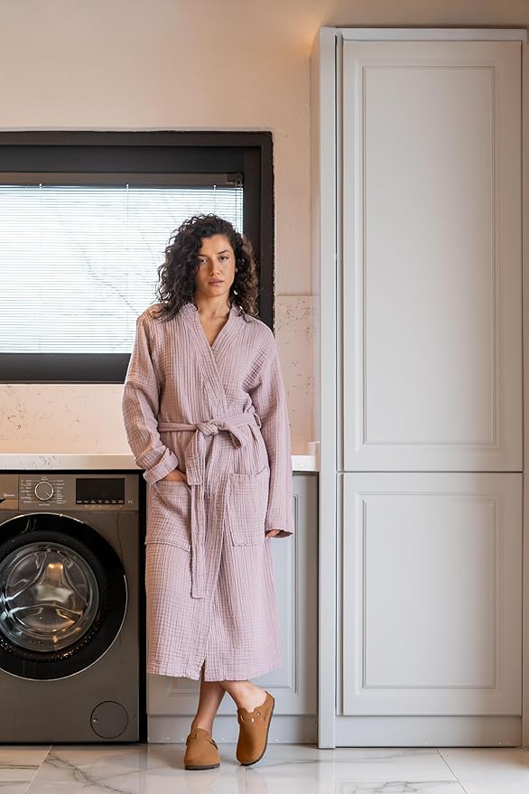 Muslin Unisex Bathrobe Women & Men, 100% Cotton Kimono Lightweight Robe | Long Robes Soft, Absorbent, Spa robes