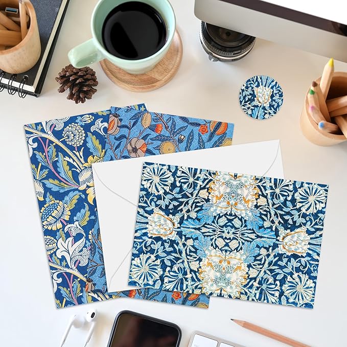 Whaline 40 Packs William Morris Greeting Cards with Envelopes Stickers Blue Vintage Floral Stationery Card Retro Flower Leaves Blank Note Cards for Wedding Birthday Baby Shower Thank You Supplies