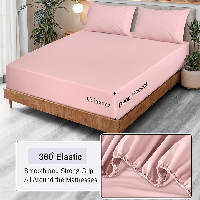 RUVANTI 100% Cotton Organic Percale Sheets Split King Size – Crisp Cooling Bed Sheets for Hot Sleepers, Deep Pocket 15”, Soft Peach Finish, Breathable & Durable Hotel-Style 5 Pcs, Peach Skin