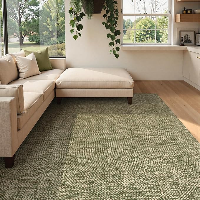 LEEVAN Boho Living Room Rugs 5X8 ft, Washable Woven Cotton Modern Bedroom Area Rug, Green/Natural Braided Floor Carpet for Dining Room Nursery Room, Outdoor Rug for Patio Balcony Decor