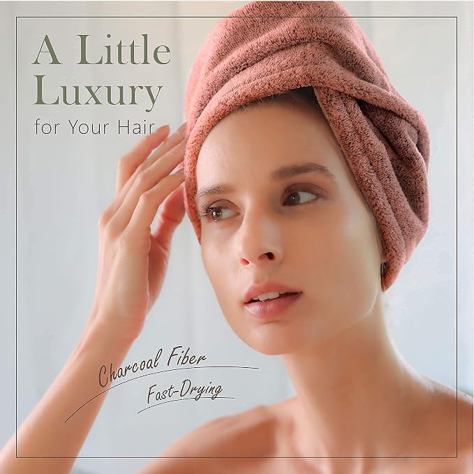 myHomeBody Hair Towel Wrap, Quick Drying Turban, Absorbent Cap – Cinnamon | Hair Turban Towel for wet hair, Ultra Soft Charcoal Fiber Cap, Towel Head Wrap for bathing with Coconut Shell Button