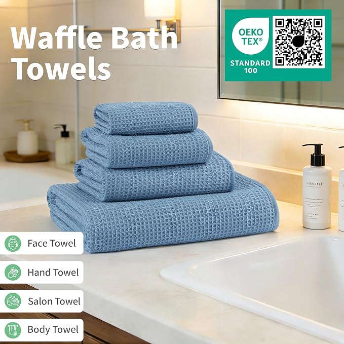 MICROFI Waffle Weave Bath Towel Set, Microfiber, 4 Pieces (Body/Hair/Hand/Face), Quick Dry, Lightweight, Super Absorbent, Lint Free, 380 GSM (Blue)