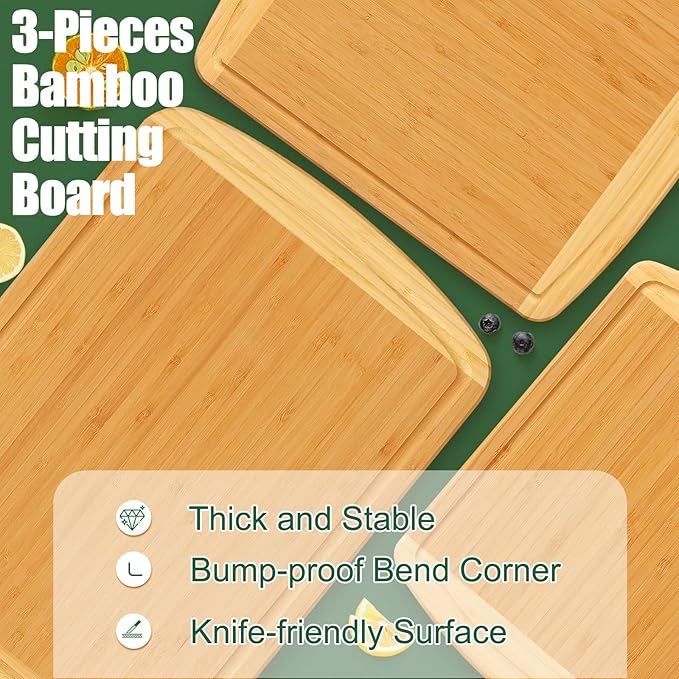 Homaxy Bamboo Cutting Boards for Kitchen Set of 3, Wood Cutting Board Set with Juice Groove, Wooden Butcher Block Chopping Board Set for Kitchen, Meat, Cheese, Fruit & Vegetables - Pre Oiled, Two-Tone