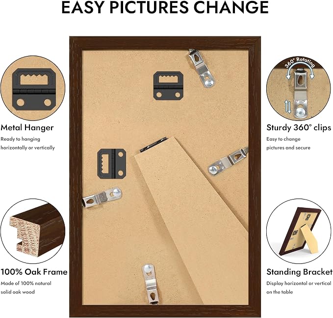 Hongkee 5.5x8.5 Oak Wood Picture Frame (1 Pack, Walnut) Real Glass Cover | 5.5 x 8.5 Solid Wood Frame for Wall or Tabletop Display - Includes Easel Back, Vertical Hang - Ideal for Home, Office