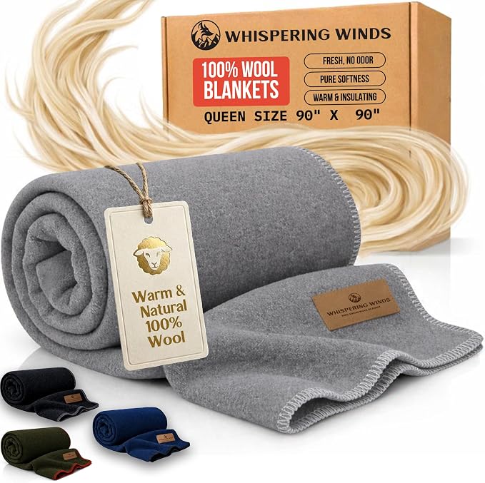 Whispering Winds 100% Wool Blanket, Premium Queen Size (90"x90") | Soft, Warm, Thick, Comfortable, For Bed, Couch, Home, Car, Camping, Outdoors, Survival