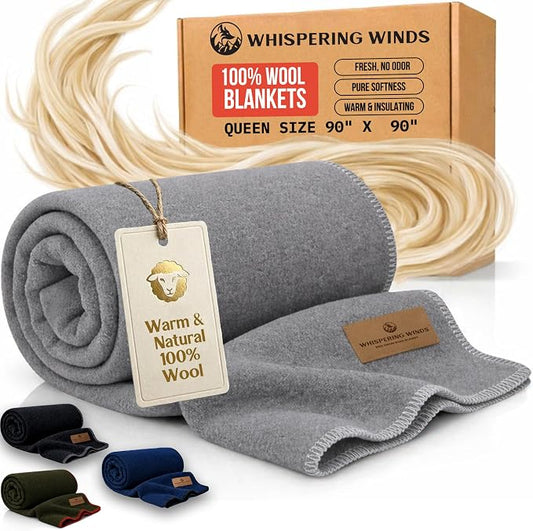 Whispering Winds 100% Wool Blanket, Premium Queen Size (90"x90") | Soft, Warm, Thick, Comfortable, For Bed, Couch, Home, Car, Camping, Outdoors, Survival