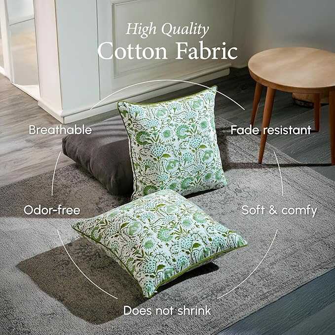 CPC 100% Cotton Throw Pillow Covers 16x16 Inch, Set of 2 Pink Block Print Pattern Couch Pillow, Cute Boho Decorative Pillows for Living Room, Bedroom with Hidden Zipper- Agate Green
