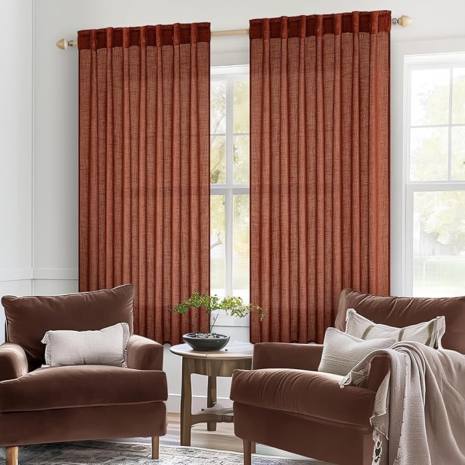 MIULEE Burnt Orange Linen Curtains 63 Inch Length 2 Panels for Bedroom Living Room, Soft Thick Linen Textured Kitchen Window Drapes Semi Sheer Light Filtering Back Tab Rod Pocket Terracotta Fall Decor