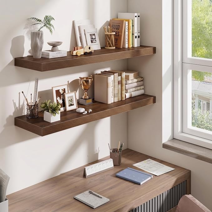 Fun Memories Floating Shelves Set of 3, 40 Inch Long Wooden Wall Shelves, 10 Inch Deep Wall Mounted Storage Shelf with Metal Brackets for Living Room, Bathroom, Bedroom and Kitchen, Walnut