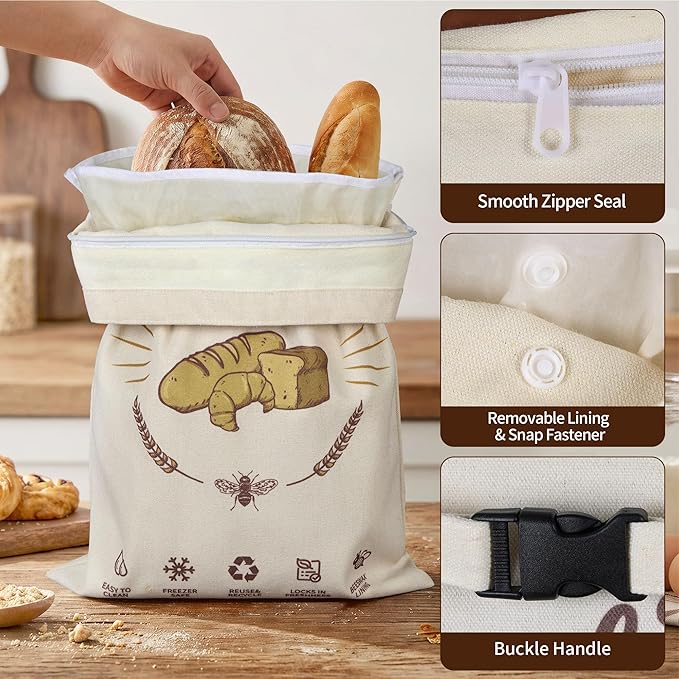 2 Pack Beeswax Bread Bags for Homemade Sourdough with Detachable Liner & Handles, X-Large Reusable Food Storage Bag, Organic Cotton Wrap for Artisan Bread, Eco-Friendly & Washable