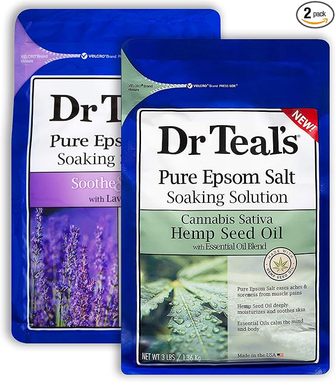 Dr. Teal's Pure Epsom Salt Soaking Solution Gift Set (2 Pack, 3lbs ea.) - Soothe & Sleep Lavender, Cannabis Sativa Hemp Seed Oil with Essential Oil Blend - Nourish Skin & Promote a Better Nights Sleep