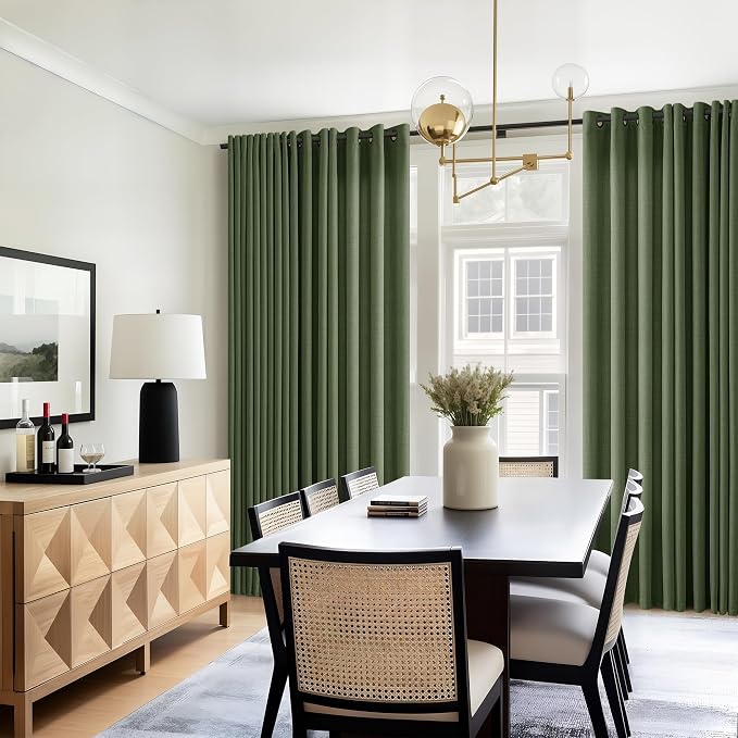 92 Inch Long Linen Curtains for Living Room Dining Semi Sheer Privacy Grommet Flax Burlap Drapes Elegant Boho Farmhouse Olive Green Bay Window Curtains 92 Inches Long 2 Panels Set Moss Green 52x92