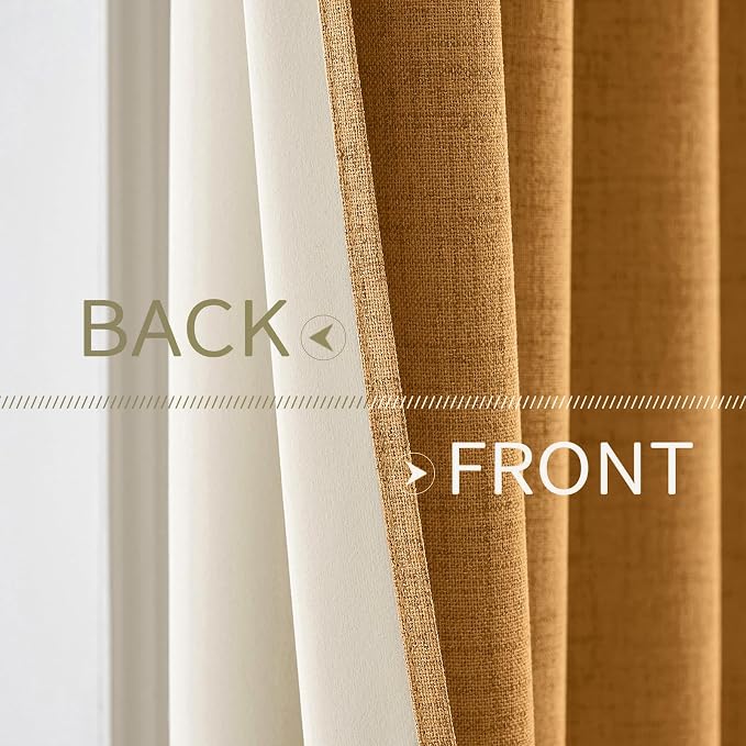 MIULEE 100% Blackout Linen Textured Curtains for Bedroom Solid Thermal Insulated Mustard Yellow Grommet Room Darkening Curtains & Drapes Luxury Decor for Living Room 52 x 63 Inch (2 Panels)
