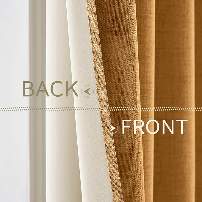 MIULEE 100% Blackout Linen Textured Curtains for Bedroom Solid Thermal Insulated Mustard Yellow Grommet Room Darkening Curtains & Drapes Luxury Decor for Living Room 52 x 84 Inch (2 Panels)