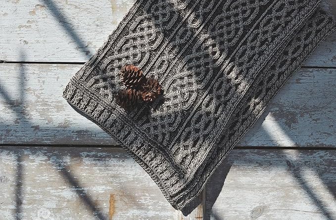 Aran Woollen Mills Carraig Donn Irish Cable Knit Blanket Celtic Throw - 100% Merino Wool Made in Ireland 40"x 55" (102 x 140 cm) (Light Brown)
