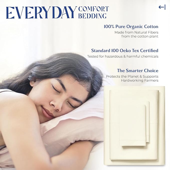 Mayfair Linen 100% Organic Cotton Sheets Twin Size - 3 PC Organic Cotton Percale Sheets Twin Set (Ivory) Soft, Crisp, Cooling & Breathable Bedsheet, 16" Deep Pocket Hotel Bedding - GOTS Certified