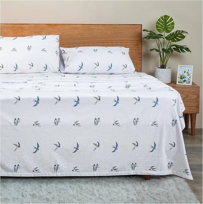RUVANTI Flannel Sheets King Size - GOTS Certified 100% Organic Cotton, 4 Piece Warm, Soft & Breathable Set, Deep Pocket Snug Fit, Double Brushed Cozy All Season Bedding, Whispering Wings