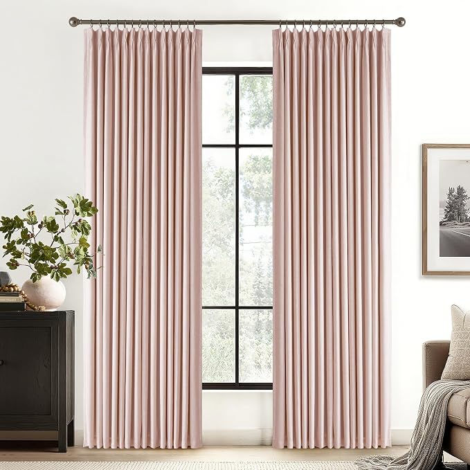RYB HOME Natural Pinch Pleated Linen Curtains, 100% Blackout Thermal Insulated Double Layer Textured Curtains for Sliding Glass Door Picture Window, Pink, 40" W x L90 L, 2 Panels Set