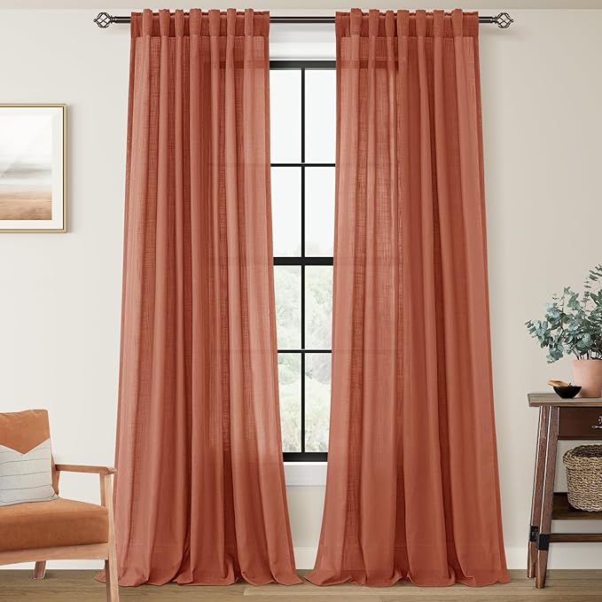 86 inch Linen Terracotta Curtains 2 Panels for Living Room Back Tab Light Filtering Semi Sheer Rust Colored Curtains 86 inches Long Soft Thick Cotton Cloth Textured Rustic Boho Farmhouse Room Decor