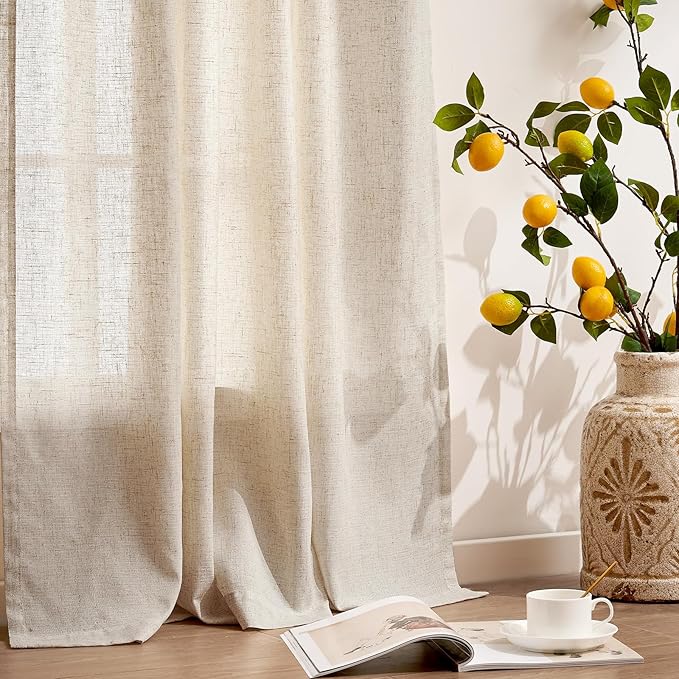 jinchan Floor to Ceiling Linen Blend Curtains 96 Inches Length 2 Panels for Bedroom Living Room, Light Filtering 38 Inches Wide Natural Farmhouse Drapes with Rod Pocket Back Tab (38W x 96L, Ecru)