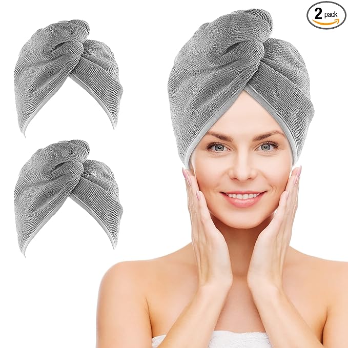 NEXCOVER Microfiber Hair Wrap, 2 Pack Grey 9.8 inch x 25.5 inch, Turbans Ultra Absorbent Fast Drying Head Towels for Long, Curly, Thick Frizzy Hair
