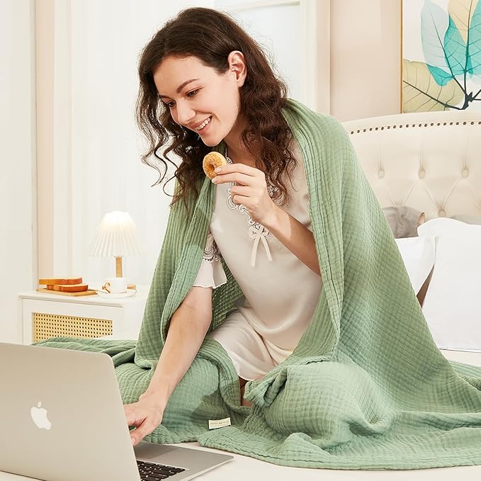 EMME Cotton Summer Throw Blanket for Couch Soft Muslin Blankets 50"x60" Lightweight Breathable All Season Gauze, Sage Green