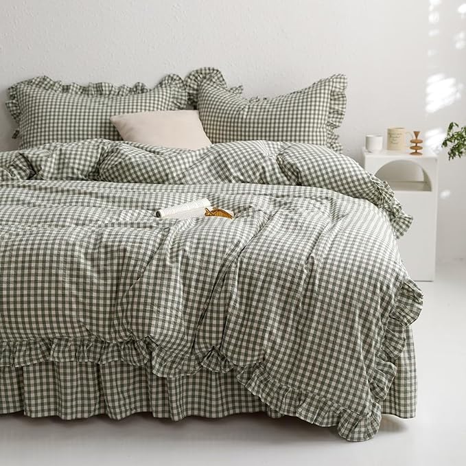 mixinni Green Ruffle Duvet Cover King Size 3 Pieces – 100% Washed Cotton, Vintage Plaid Ruffled Bedding Set with Zipper Ties, Soft Checkered Grid Farmhouse Chic Comforter Cover Set
