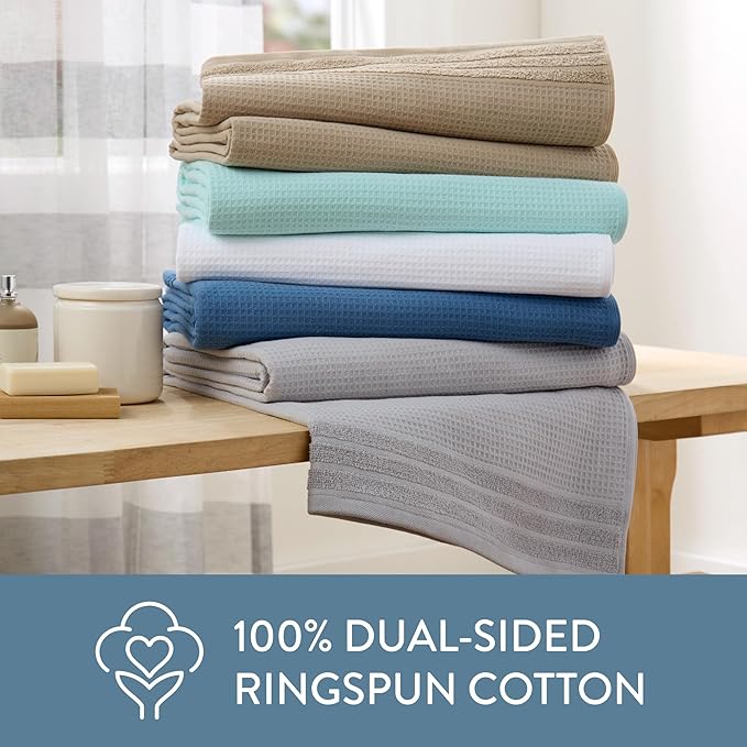 Town & Country Basics 4-Piece Waffle Woven Terry Stripe Bath Towel Set, 30x56-Inch, 100% Cotton, Quick Dry, White