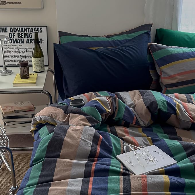 mixinni Vintage Striped Duvet Cover Queen Size 100% Washed Cotton 3 Piece Bedding Set Soft Breathable Retro Mid Century Modern Duvet Cover with Zipper Closure and Corner Ties for Boys Girls