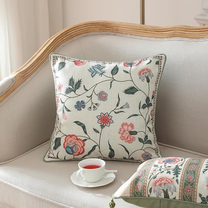 ISAENNE Design Square Retro Elegance Linen Throw Pillow Covers 18"x18" Pack of 2, Green Pink Floral Pattern Cushion Covers Decor Pillowcases for Bed,Living Room,Outdoor,Car