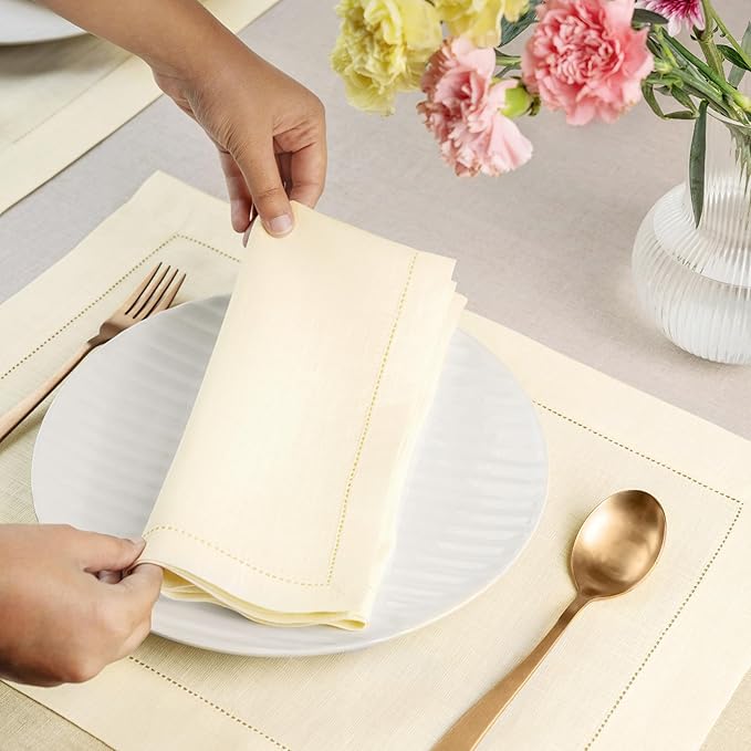 Signature Linen™ by D'Moksha Ivory Dinner Napkins Set of 8, 20 x 20 Inch Cloth Napkins, 100% Pure Linen, Hemstitch, Machine Washable Table Napkins- Summer, Father's Day