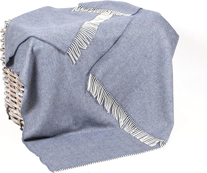 Biddy Murphy Irish Merino and Cashmere Wool Throw Blanket, Made in Ireland, Heirloom Quality, 54" x 71", Denim and Cream Herringbone Pattern