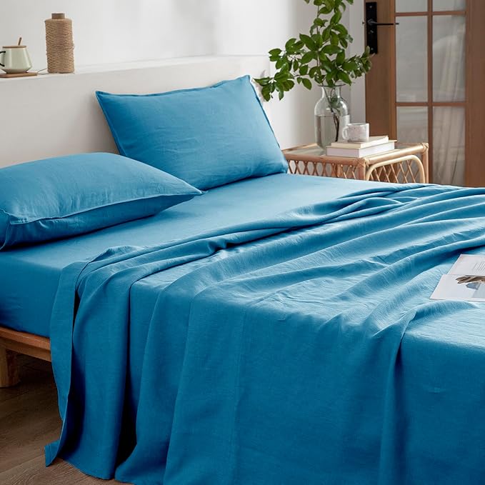 EVERLY Linen Sheets Set King Size,100% French Stonewash Pure Linen Bed Sheets,4Pieces (1Flat Sheet,1Fitted Sheet,2Pillowcase) Suitable for Hot Sleepers,Deep Pocket Natural Bedding Set-Blue