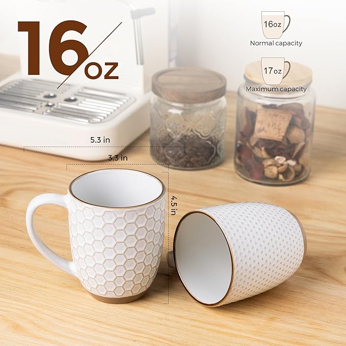 GBhome Large Coffee Mugs Set of 6, 16oz Handmade Embossed Coffee Mugs Set with Large Handle for Cappuccino/Latte/Tea/Hot Cocoa, Dishwasher & Microwave Safe, Off White