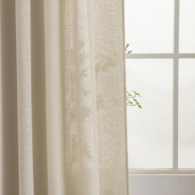 Natural Linen Semi Sheer Curtains Tab Top Light Filtering Elegant Curtains & Drapes for Living Room 52 x 90 Inch Length, 2 Panels, Linen Beige