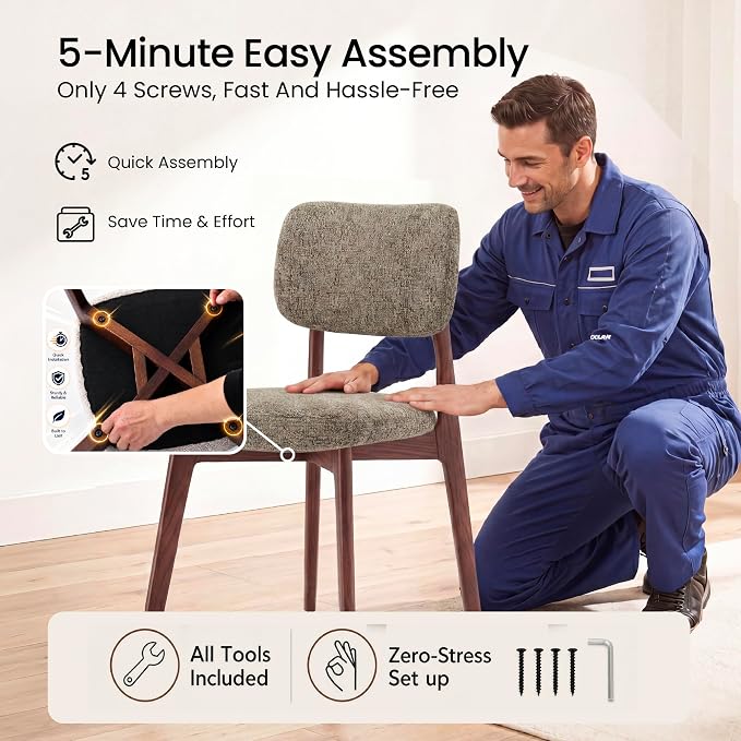 COLAMY Dining Chairs Set of 6, Modern Upholstered Kitchen Room Chairs with Solid Red Oak Wood Legs, 5-Min Easy Assembly Anti-Wobble, High-Weight Fabric Farmhouse Side Chair, 300lbs,Walnut,Brown