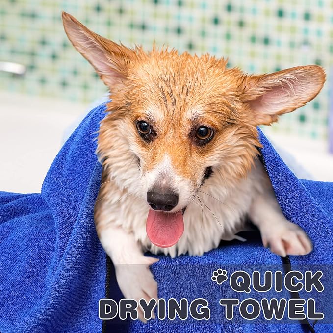 Chumia 4 Pack Dog Towels for Drying Large Microfiber Grooming Tools Absorbent Soft Bath Supplies with Embroidered Paw for Small Medium Pet Products(30 x 50 Inch,Blue)