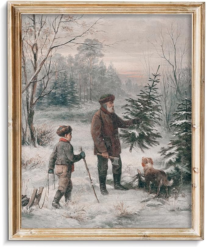 Vodefoad Vintage Christmas Wall Art Winter Landscape Painting Retro Xmas Antique Rustic Canvas Print Snowy Christmas Winter Print for Gallery Bedroom Bathroom - 8x10Inch Unframe