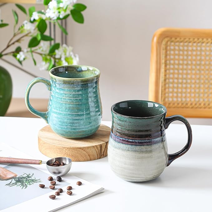23 oz Large Ceramic Coffee Mugs, Handmade Cup with Large Handle, Big Tea and Coffee Cups for Office and Home, Microwave and Dishwasher Safe (Crystal Green)