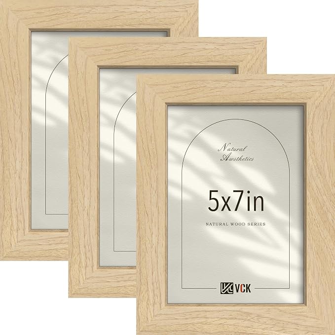 VCK 5x7 Picture Frame 3 Pack - Natural Solid Wood Beige Photo Frame, Exclusive Wood Grain, Table Display or Wall Hanging